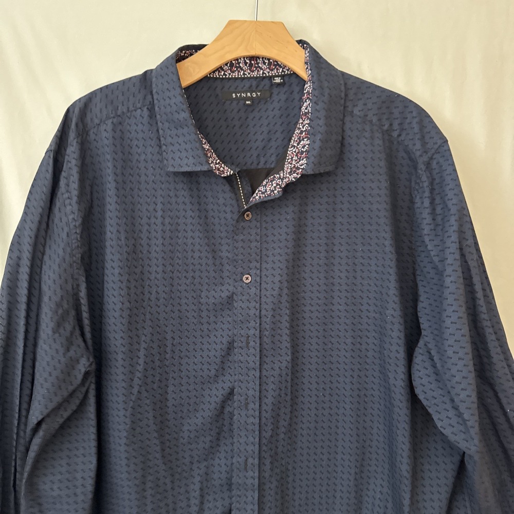 Mens Blue/Black Geometric Long Sleeve Shirt Mens 3XL Button Up Synrgy
